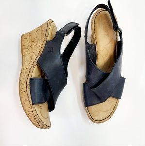 Born Black Leather Cork Wedge Sandles Size 8